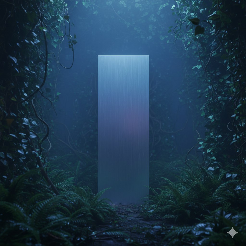 A sleek metallic monolith standing in a dense, misty jungle